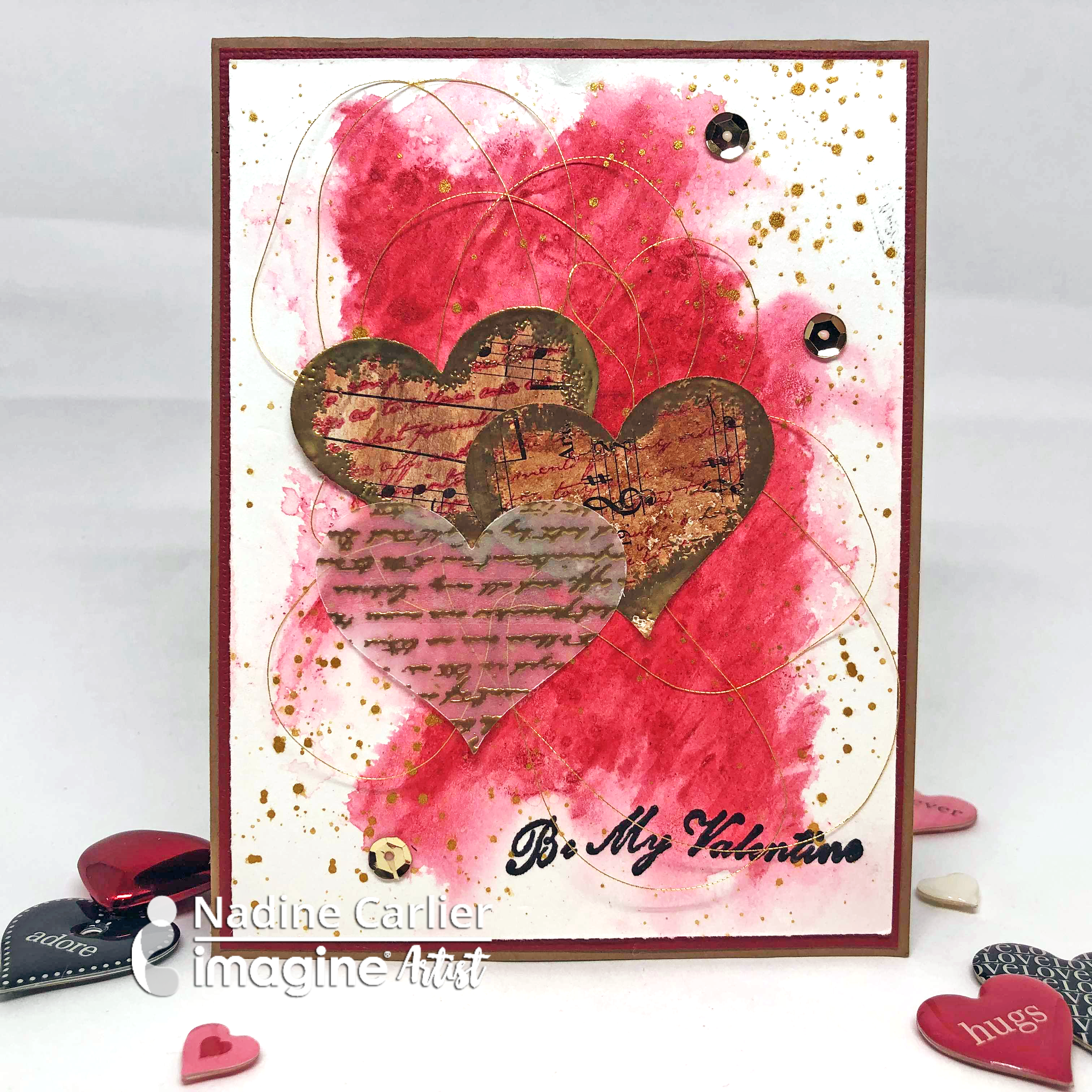 Handmade red valentine card featuring embossed and inked hearts.